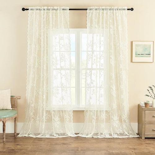 Ivory Lace Sheer Curtains 96 Inches Long 2 Panels Victorian Floral for Living Room Bedroom Rod Pocket Light Filtering Cream Shabby Chic Window Drapes Farmhouse Decor, 52x96
