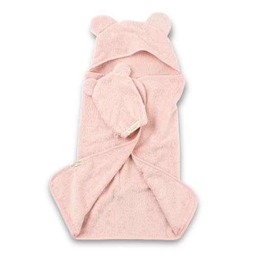 Bella Tunno Baby Bath Towel and Wash Mitt Set – Soft Absorbent Hooded Towels and Mitt-Style Baby Washcloths, Oeko-TEX Certified (Blush)