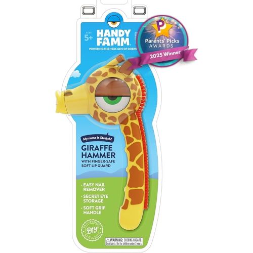 Handy Famm Real Metal Yellow Giraffe Hammer for Kids, Patented Safety Mouth Sleeve and Nail Remover, STEM DIY Tool for Children Ages 5 and Up