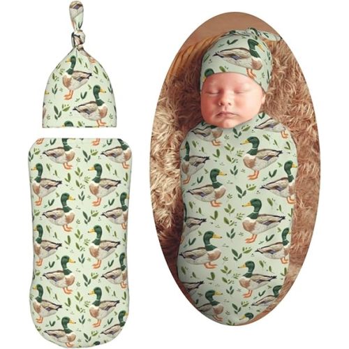 Farm Animal Cute Mallard Duck Newborn Swaddle Blankets Hat Sets Soft Baby Receiving Blanket Swaddle Sack for Baby Shower Infant Boy Girl Gift