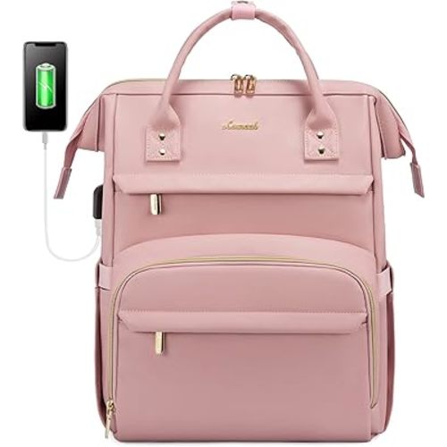 LOVEVOOK Leather Laptop Backpack for Women 15.6 inch, Travel Purse with USB Port, Pink