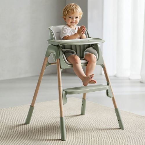 AmourLil 4-in-1 Convertible High Chair for Babies & Toddlers, Adjustable Height with Dishwasher-Safe Tray, Easy-Clean Design, Beige (Green)