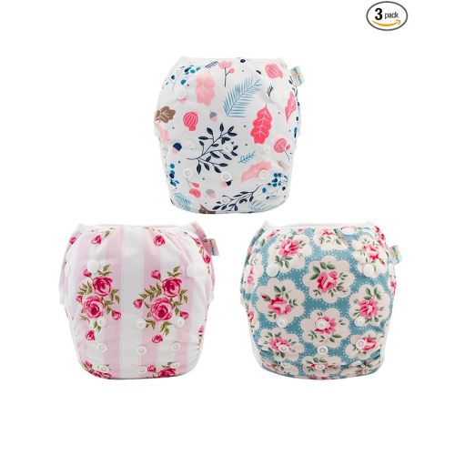 Babygoal Reusable Baby Girl Swim Diapers 3 Pack - Adjustable Washable for 0-8 Months Infants - Ideal for Swimming Lessons - Flower Design