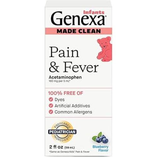 Genexa Infants' Pain Reliever & Fever Reducer | Infant Acetaminophen Dye Free, 0% Artificial Additives | Baby Sick Essentials & Infant Medicine | Delicious Organic Blueberry Flavor, 2 fl oz