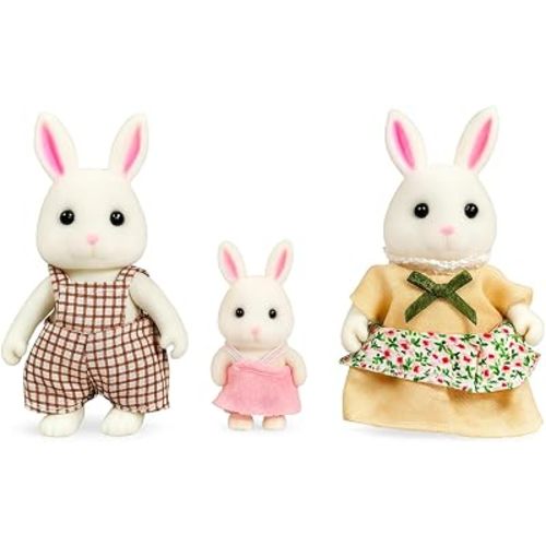 Family White Rabbit Figures — Set of 3 Collectible Flocked Mini Dolls with Removable Clothes, Miniature Dollhouse Pretend Play Figures for Kids Ages 3+