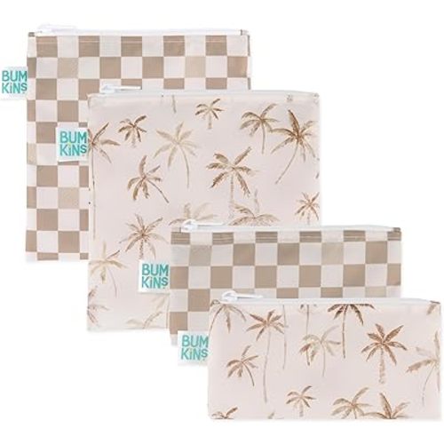 Bumkins -Cloth Snack & Sandwich Bags -For Storage, Travel, Food Prep, Lunch -Reusable, Water Resistant, Washable, Dishwasher Safe -Snack Bags for Kids -Zipper Closure -Beige Check & Palm Trees -4 Pack