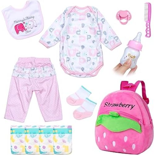 Pedolltree 12 Pcs Set Reborn Dolls Newborn Baby Girl Clothes Pink Elephant Outfit Accessories for 17-22 Inch Reborn Baby Dolls with Strawberry Backpack&Feeding Set