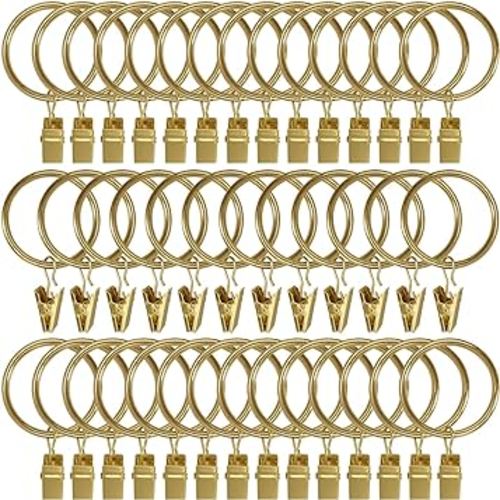 40 Pack Metal Curtain Rings with Clips, Drapery Clips Hooks, Decorative Curtain Rod Clips 1.5 in Interior Diameter, Gold