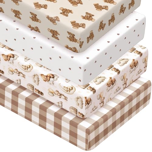 Peryiter 4 Pack Crib Sheets for Baby Brown Bear Baby Bed Sheet Set 52'' x 28" Soft Nursery Crib Sheets for Standard Bed Toddler Mattress Nursery Decor Boys Girls Kids