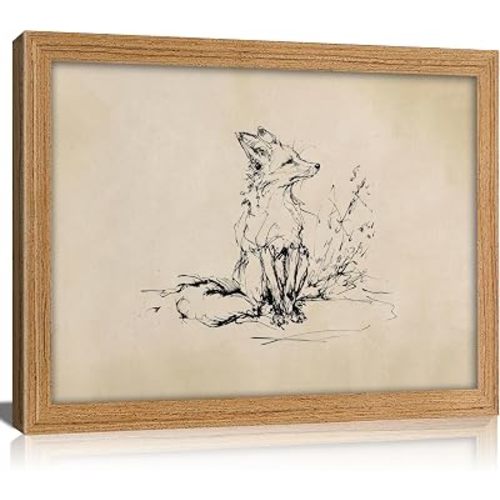 Vintage Solid Wood Framed Fox Sketch Wall Art, Neutral Fox Line Drawing Canvas Print, Minimalist Animal Sketch Artwork, Farmhouse Wall Decor Picture for Nursery Living Room Bedroom 8x10 inch