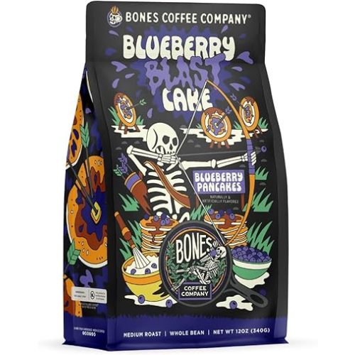 Bones Coffee Company Blueberry Blast Blueberry Pancakes Cake Flavored Coffee, Medium Roast Low Acid, 12 Oz Whole Bean