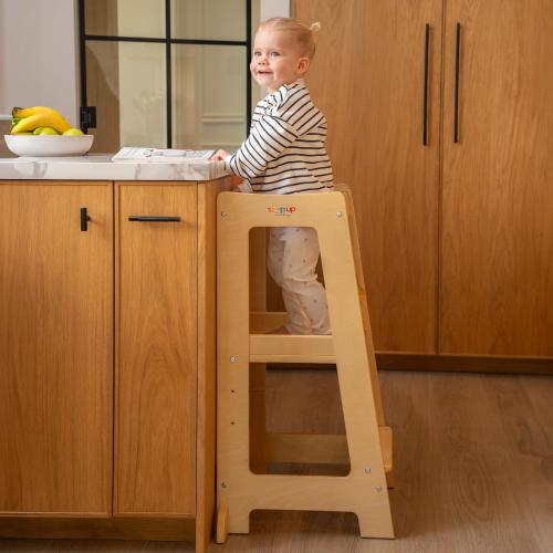 Stepup Baby Toddler Tower - Adjustable Height Kids Helper Step Stool for Kitchen & Bathroom Standing Tower with Safety Rails - Varnished