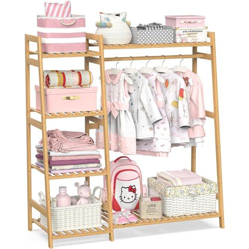 Kids Clothing Rack with Shelves, Bamboo Clothes Garment Rack for Kids Child Baby, Kids Dress Up Storage Rack with Top Shelf, Toddlers Wardrobe Closet for Nursery (Medium Size)