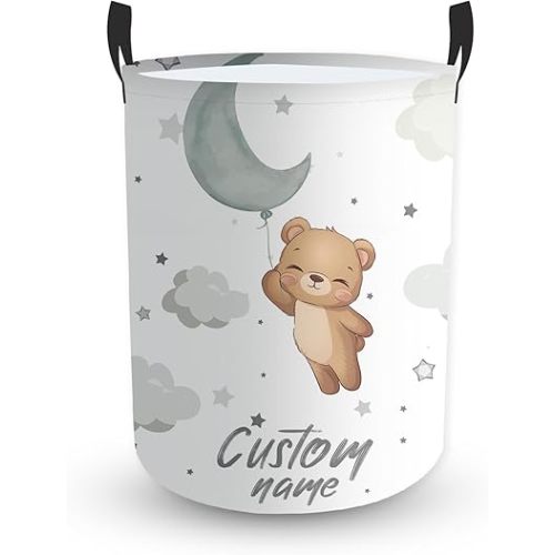 Personalized Kids Laundry Hamper with Custom Name, Cartoon Animal Dirty Clothes Basket for Boys & Girls, Cute Storage Hamper with Handles for Nursery & Bedroom,Moon series 8