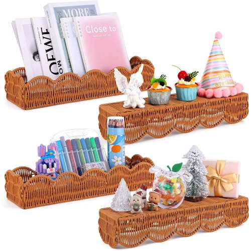 4 Set Scalloped Wall Basket Shelf Nursery Classroom Book Shelves for Wall Rattan Shelf Woven Floating Shelves Boho Farmhouse Decor Scalloped Shelves Book Display Toy Storage