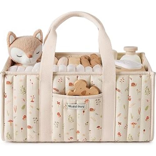 Blissful Diary Woodland Diaper Caddy Organizer, Stylish Nursery Storage Basket, Gift for Baby Shower, Newborn Essentials, Woodland Cream