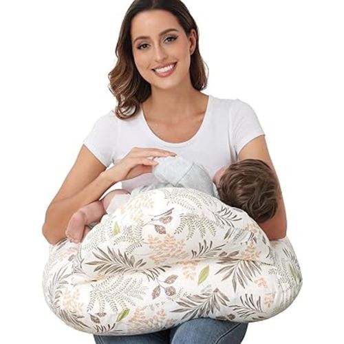 Nursing Pillow for Breastfeeding, Breastfeeding Essentials for Newborn, More Support for Mom and Baby, with Adjustable Waist Strap and Removable Cotton Cover (Big Leaves)