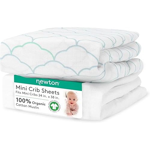 Newton Baby MINI CRIB Fitted Sheets (2-Pack) | Organic Muslin Cotton, Breathable Soft Baby Sheets, Washable Baby Mattress Sheets, Fits Any Mini Sized Crib 24" x 38", Dreamweaver Moonstone Mist + White