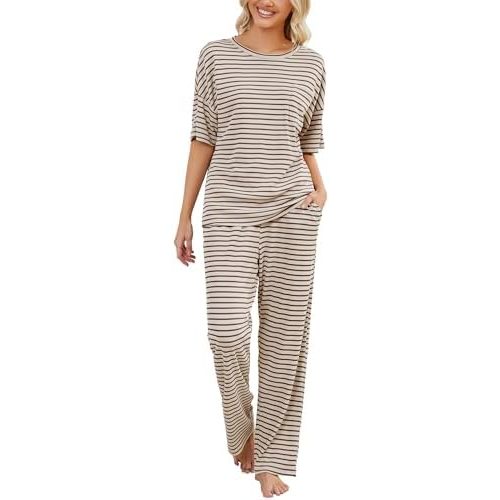 JiniGolla Womens Pajama Sets Waffle Knit Short Sleeve Shirt with Long Pajama Pants Soft Sleepwear Pj Lounge Sets