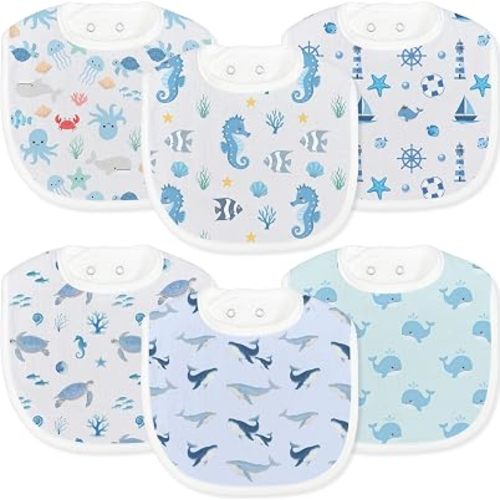 6-Pack Baby Muslin Drool Bibs for Boys, Soft Cotton Ocean Theme Infants Teething Bibs Extra Absorbent Adjustable Snap Drooling Feeding Bib for Newborns Infant Toddlers Sea Turtle Whale Nautical Print