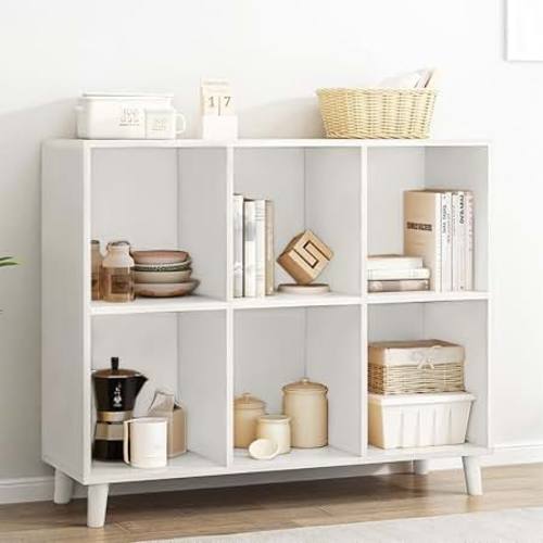 Open Cubes Low Bookcase - 2-Tier 6-Cube Short Bookshelf in White | Nordic Minimalist Style, MDF Material, Solid Wood Legs, Deep Storage Cubes, Free Standing Wooden Cabinet Organizer Unit