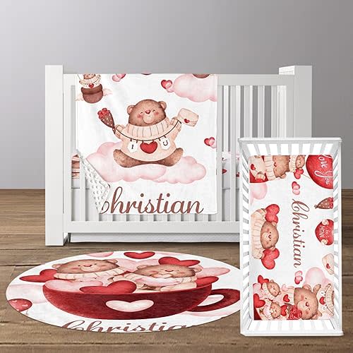 Custom Name Crib Bedding Set, Personalized Nursery Bedding 3-Piece Set– Soft Blanket, Fitted Sheet, Room Rug – Perfect Nursery Gifts for Newborns, Bear Love Hug Theme for Baby Girls