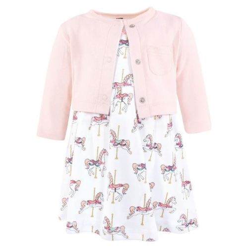 Hudson Baby Infant and Toddler Girls Cotton Dress and Cardigan Set, Carousel Horse