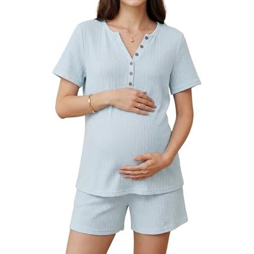OUGES Women's 100% Cotton Maternity Nursing Pajamas Set Short Sleeve Henley Top and Shorts 2 Piece Pjs Comfy Loungewear