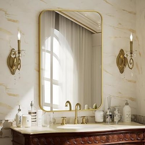 BEAUTYPEAK 24" x 36" Rectangular Aluminum Alloy Frame Wall Mounted Bathroom Mirror with Rounded Corners, Gold