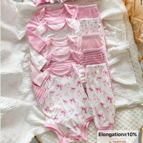 Newborn Baby Girl Cute Graphic Versatile Knit Striped & Pink Star Pattern Jumpsuit, Pants, And Gloves 5Pcs/Set Cartoon | SHEIN USA