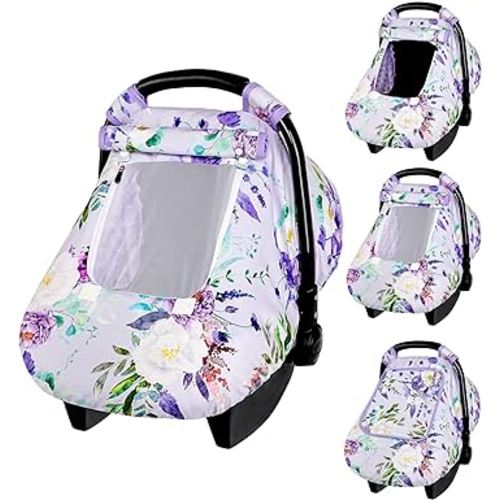 Purple Floral Waterproof Car Seat Cover for Babies, Windproof and Kick-Proof, Universal Fit, Soft Mink Plush Material