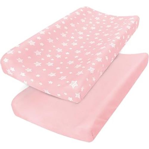 Changing Pad Cover for Girls, Lovely Print Soft Diaper Change Table Sheets | Fit 32"x16" Contoured Pad, Comfy Cozy 2-Pack Cradle Sheets,Pink&pink Stars