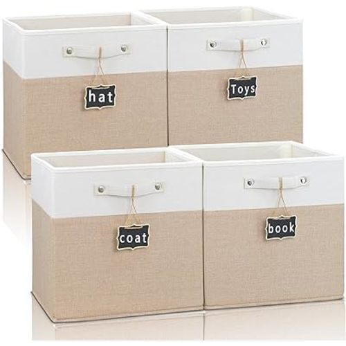 Foldable Fabric Storage Cubes with Labels, Linen Cube Storage Organizer Bins for Kallax Storage - Set of 4 (12 x 12) in White Khaki