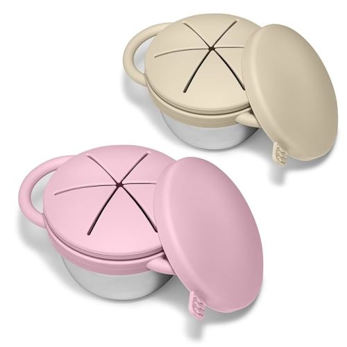 2 Pack Toddler Snack Cups, Baby Stainless Steel Snack Containers for Kids with Spill Proof Food Grade Silicone Lids & Handles 9 OZ No Spill Baby Snack Box for Mess-Free Snacking