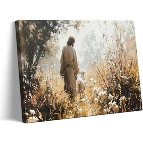 Jesus Leaves The 99 Sheep Canvas Wall Art, Christian Jesus Lamb Wall Decor Paintings, Lost Sheep Religious Bible Posters Prints Pictures for Church Living Room Bedroom 12x16 Inch Framed