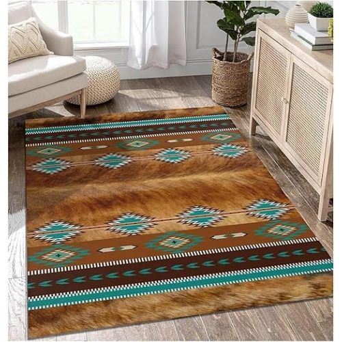 Western Cowhide Aztec Rug, 3x5 Rustic Southwestern Tribal Area Rug for Living Room Bedroom, Washable Non-Slip Farmhouse Cabin Lodge Decor Carpet