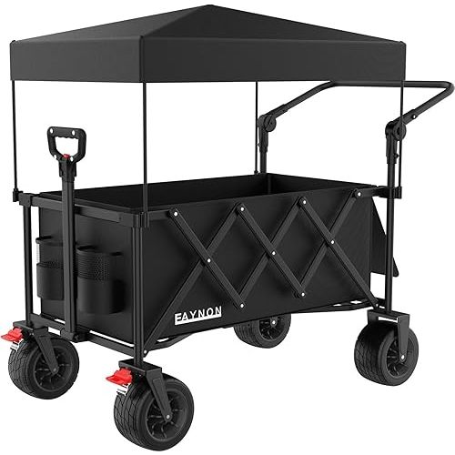 3 in 1 Collapsible Wagon with 300lbs Weight Capacity,150L Heavy Duty Utility Cart with Removable Canopy,with Big All-Terrain Beach Wheels & Drink Holders,Black