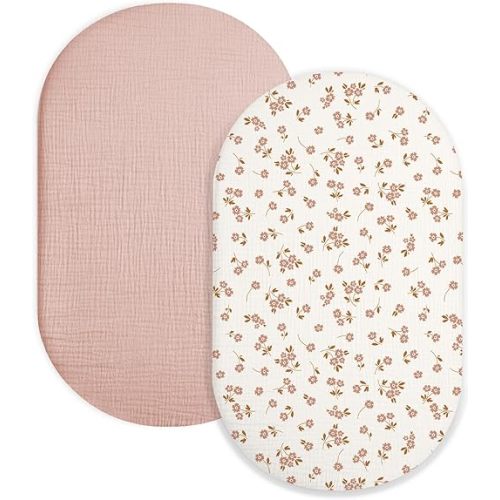 Bassinet Sheet for Baby Boy and Girl 2 Pack, Fitted Sheets for Rectangle, Oval, Hourglass Bassinet Mattress, Muslin Moses Basket Sheets with Neutral Style (Floral & Pink)