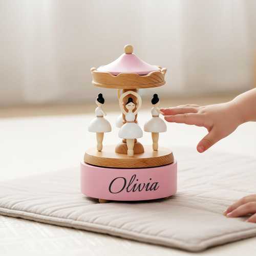 Custom Wooden Carousel Baby Music Box – Engraved Kids Name Personalized Gift