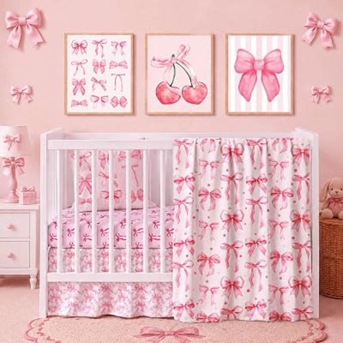 5 Pcs Baby Crib Bedding Set, Pink Bow Coquette Nursery Baby Crib Set