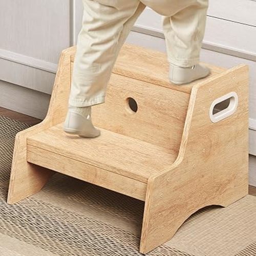 HOOBRO Wooden Step Stool, Two Step Stools Toddler for Potty Training, Natural Two Step Stool for Bedroom, Kitchen, Bathroom, Children's Stool with Handles and Safety Non-Slip Pads, Natural NL05JD01