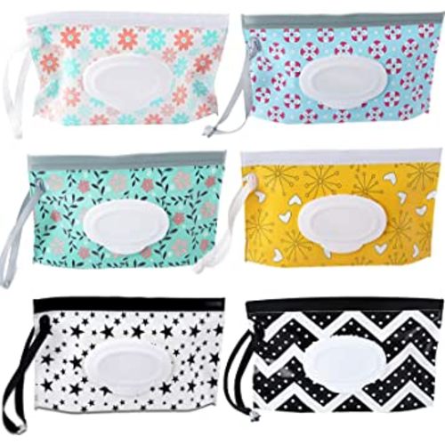 FEBSNOW 6 Pack Baby Wipes Dispenser, Portable Refillable Wipe Holder, Baby Wipes Container, Reusable Wipes Case, Baby Travel Wet Wipes Pouch