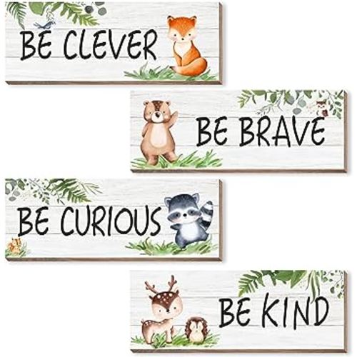 Woodland Nursery Decor for Boys Girls, Safari Nursery Decor, Jungle Theme Nursery Decor for Teen Boys Kids Toddler, Woodland Animals Decor, 4 Pieces Wooden Animal Wall Sign Decorations