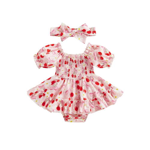 Newborn Baby Girl Summer Outfit Puff Sleeve Flower/Bow/Cherry Print Ruched Romper Dress with Headband Cute Clothes 0-18M