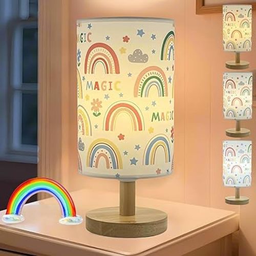 Rainbow Kids Bedside Table Lamp for Bedroom,Kids Rainbow Desk Reading Lamp with Flaxen Fabric Cartoon Lampshade,3 Colors Decor Nightstand Night Light for Girls Boys Nursery Living Room