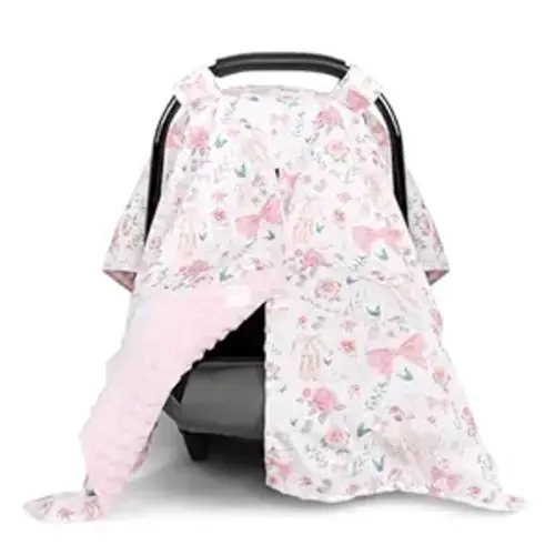 Baby Car Seat Cover, Soft Minky Warm Winter Car Seat Canopy for Infants & Toddlers, Opening with Adjustable Strap, Breathable Nursing Cover & Stroller Blanket, Pink Flowers (Fits Most Car Seats)