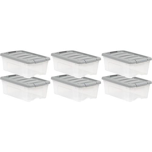 Amazon Basics Plastic Storage Containers with Secure Latching Lids, Stackable Organization Bins, Clear/Grey, 12 Quart, Set of 6