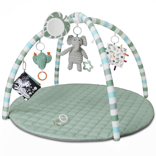 Blissful Diary Baby Play Gym Mat, Play Mat Activity Mat with 6 Detachable Toys for Stage-Based Sensory & Motor Skill Development, Easy to Install & Clean, Baby Essentials Gift, Sage Green