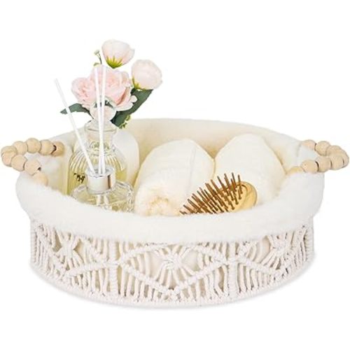 Plush Lined Storage Basket for Organizing with Handles, Boho Round Woven White Small Basket Decorative Storage Organizer for Shelves Dresser Entryway Countertop Decor