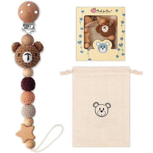 Pacifier Clip, Cute Animal Pacifier Holder Clip for Boys and Girls, Most Pacifiers, Baby Teethers, Baby Shower and Baby Essentials(Bear)